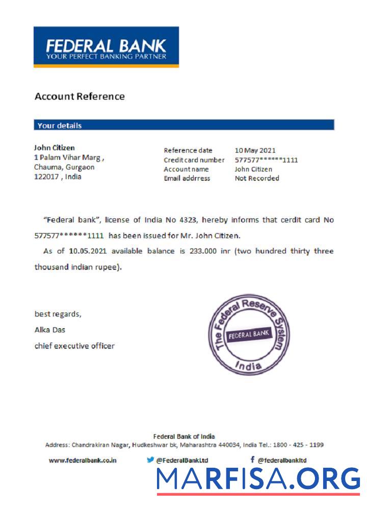 Blank India Federal bank reference real example